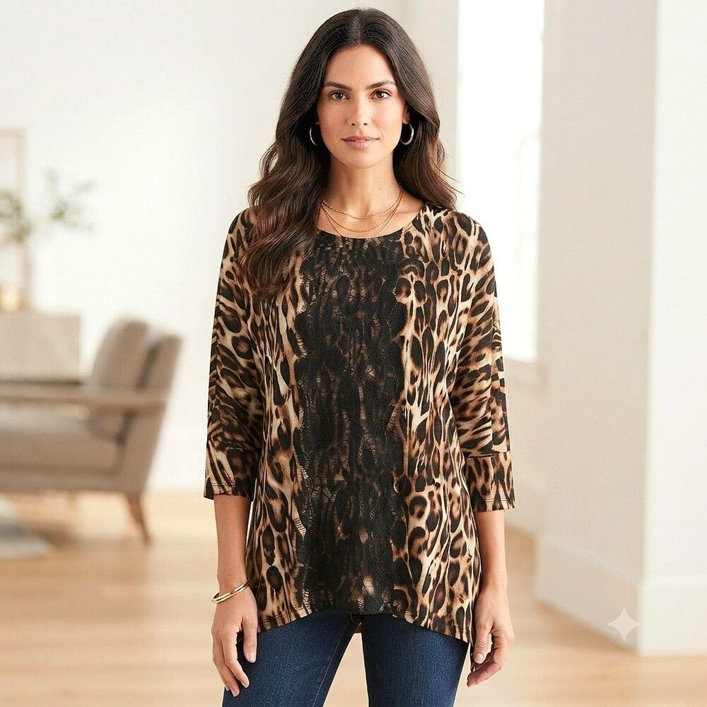 Chico's Women's Size 0 (Small) Animal Print Tunic Top with Black Lace Detail